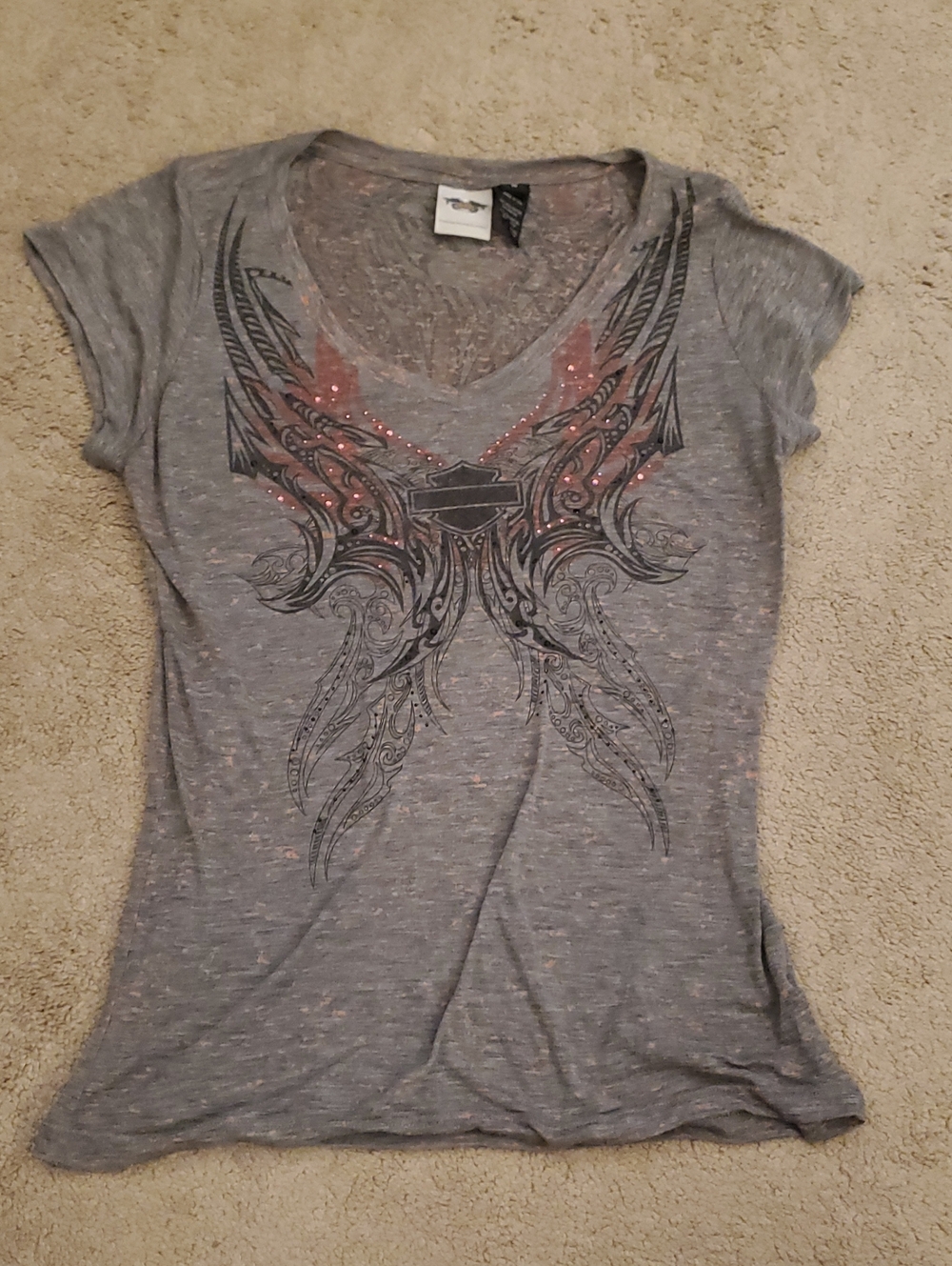 Harley-Davidson Gray Short-Sleeve V-Neck Tee with Wing Graphic